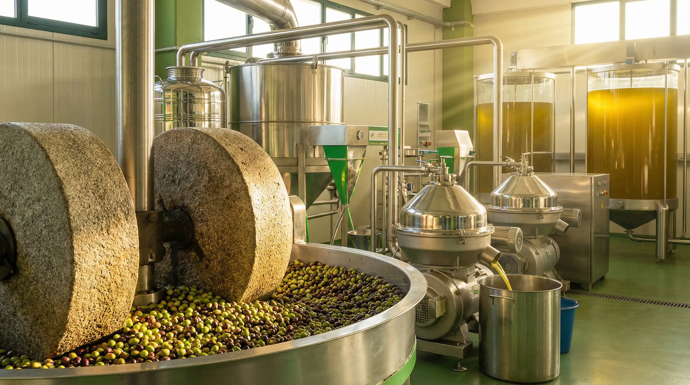 Große Steinmühlen zermahlen grüne und dunkle Oliven in einer Edelstahlwanne vor Zentrifugen und Lagertanks in einer Ölmühle.